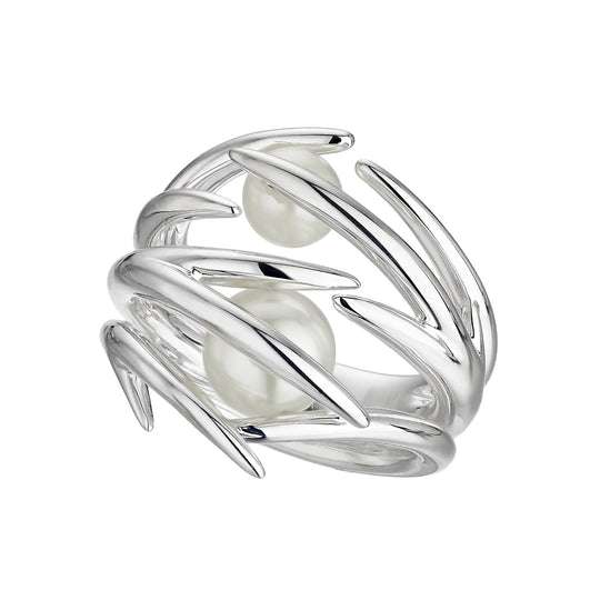 SILVER DOUBLE HOOKED PEARL RING