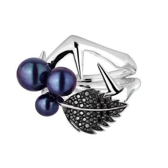 BLACKTHORN PEARL LEAF RING - SILVER, BLACK SPINEL & BLACK PEARL