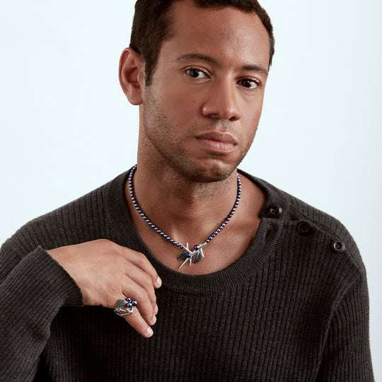 BLACKTHORN DOUBLE LEAF PEARL PENDANT - SILVER, BLACK SPINEL & BLACK PEARL