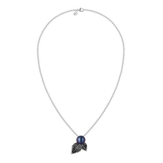 BLACKTHORN SINGLE PEARL LEAF PENDANT - SILVER, BLACK SPINEL & BLACK PEARL