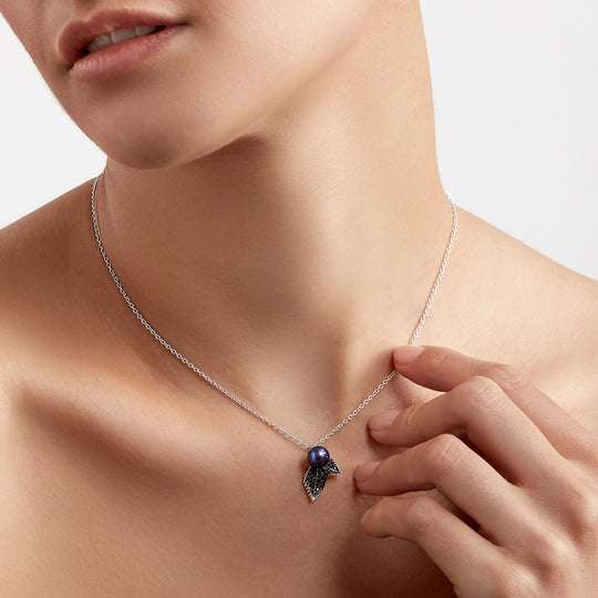 BLACKTHORN SINGLE PEARL LEAF PENDANT - SILVER, BLACK SPINEL & BLACK PEARL