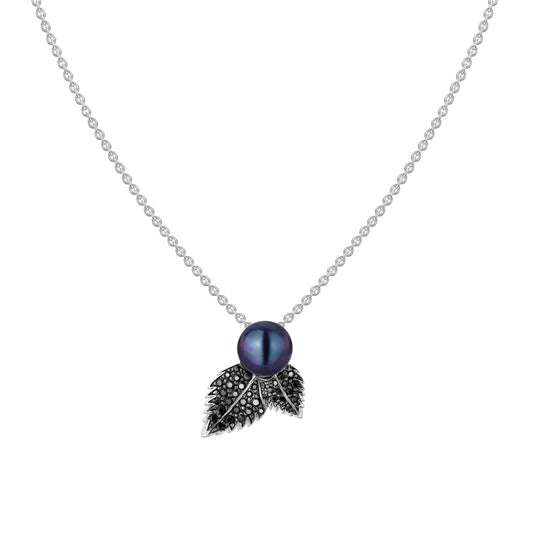 BLACKTHORN SINGLE PEARL LEAF PENDANT - SILVER, BLACK SPINEL & BLACK PEARL