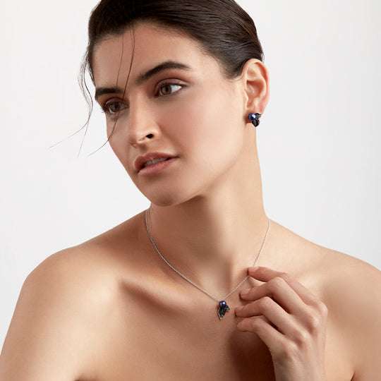 BLACKTHORN SINGLE PEARL STUD EARRINGS - SILVER, BLACK SPINEL & BLACK PEARL