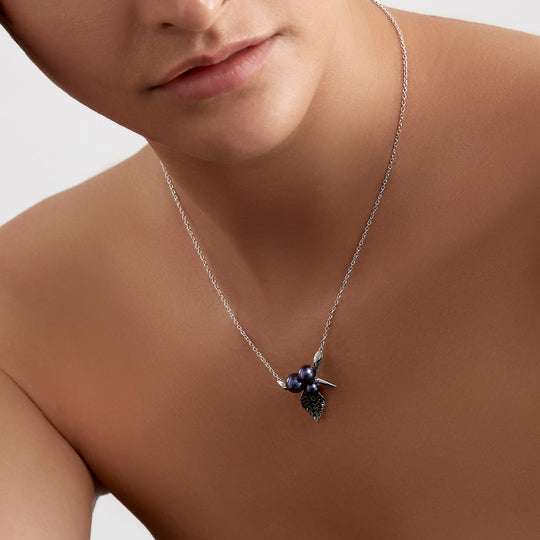BLACKTHORN TRIPLE PEARL LEAF PENDANT - SILVER, BLACK SPINEL & BLACK PEARL