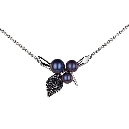 BLACKTHORN TRIPLE PEARL LEAF PENDANT - SILVER, BLACK SPINEL & BLACK PEARL