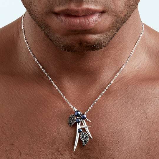 BLACKTHORN DROP LEAF PENDANT - SILVER, BLACK SPINEL & BLACK PEARL
