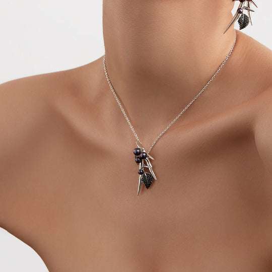 BLACKTHORN DROP LEAF PENDANT - SILVER, BLACK SPINEL & BLACK PEARL