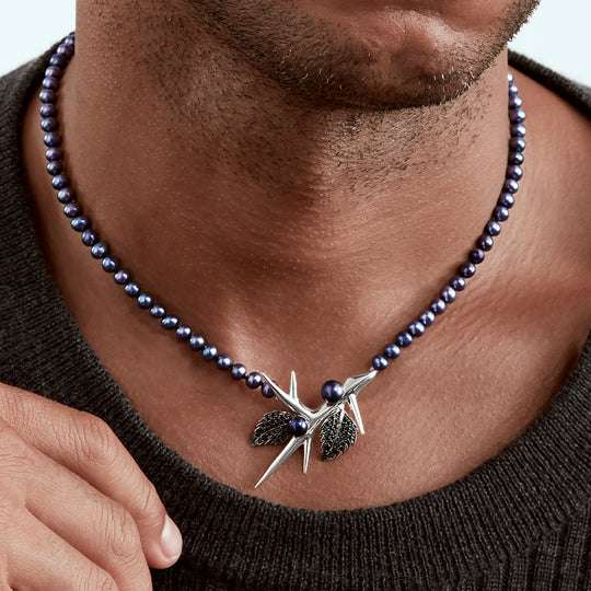 BLACKTHORN DOUBLE LEAF PEARL PENDANT - SILVER, BLACK SPINEL & BLACK PEARL