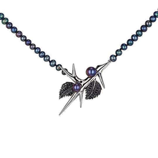 BLACKTHORN DOUBLE LEAF PEARL PENDANT - SILVER, BLACK SPINEL & BLACK PEARL