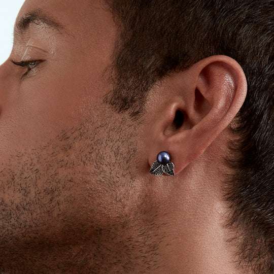 BLACKTHORN SINGLE PEARL STUD EARRINGS - SILVER, BLACK SPINEL & BLACK PEARL