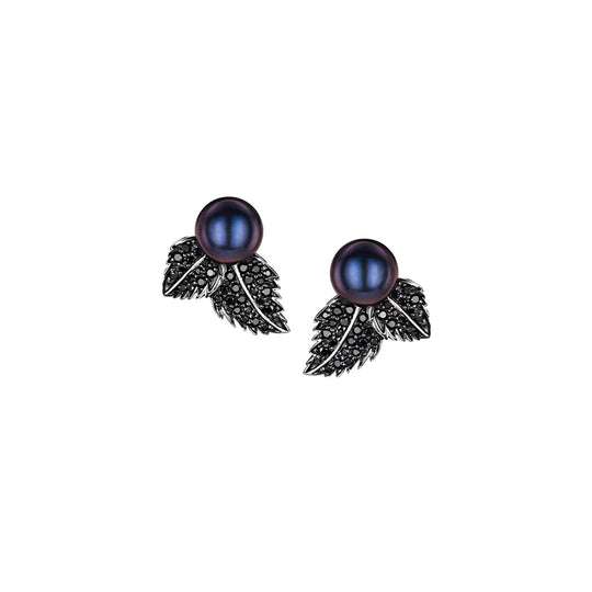 BLACKTHORN SINGLE PEARL STUD EARRINGS - SILVER, BLACK SPINEL & BLACK PEARL