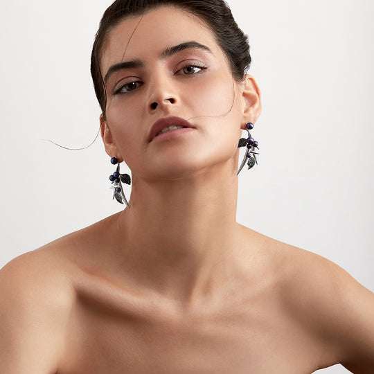 BLACKTHORN DROP LEAF EARRINGS - SILVER, BLACK SPINEL & BLACK PEARL