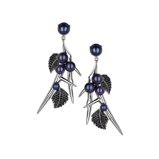 BLACKTHORN DROP LEAF EARRINGS - SILVER, BLACK SPINEL & BLACK PEARL