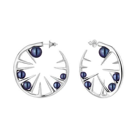 BLACKTHORN MULTI HOOP EARRINGS - SILVER & BLACK PEARL