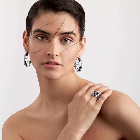 BLACKTHORN MULTI HOOP EARRINGS - SILVER & BLACK PEARL
