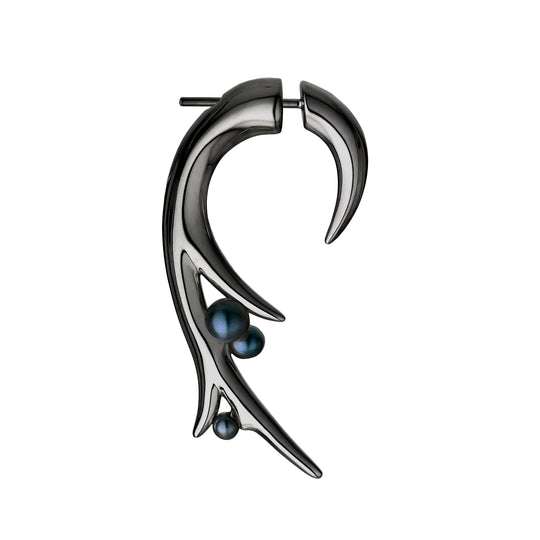 SILVER BLACK RHODIUM LARGE HOOKED BLACK PEARL EARRINGS