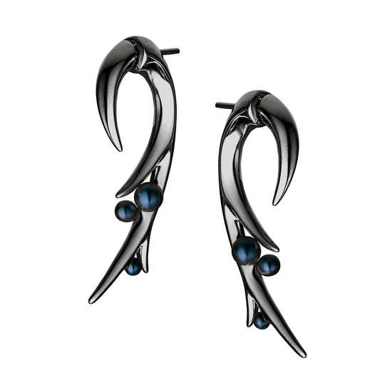 SILVER BLACK RHODIUM LARGE HOOKED BLACK PEARL EARRINGS