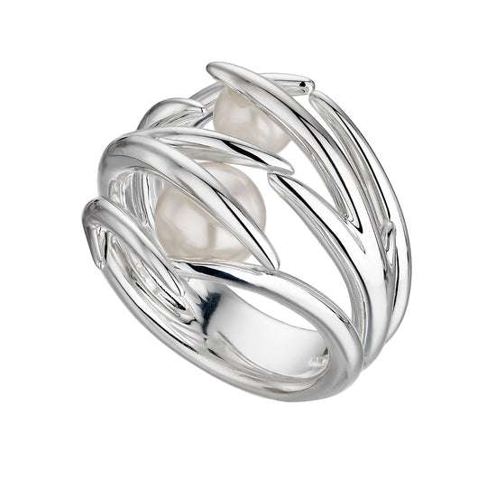 SILVER DOUBLE HOOKED PEARL RING