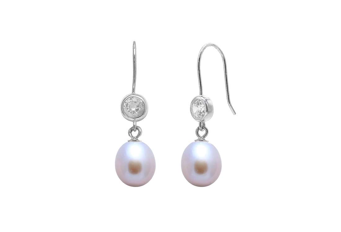 Cultured River Pearl, Silver & Cubic Zirconia Drop Earrings