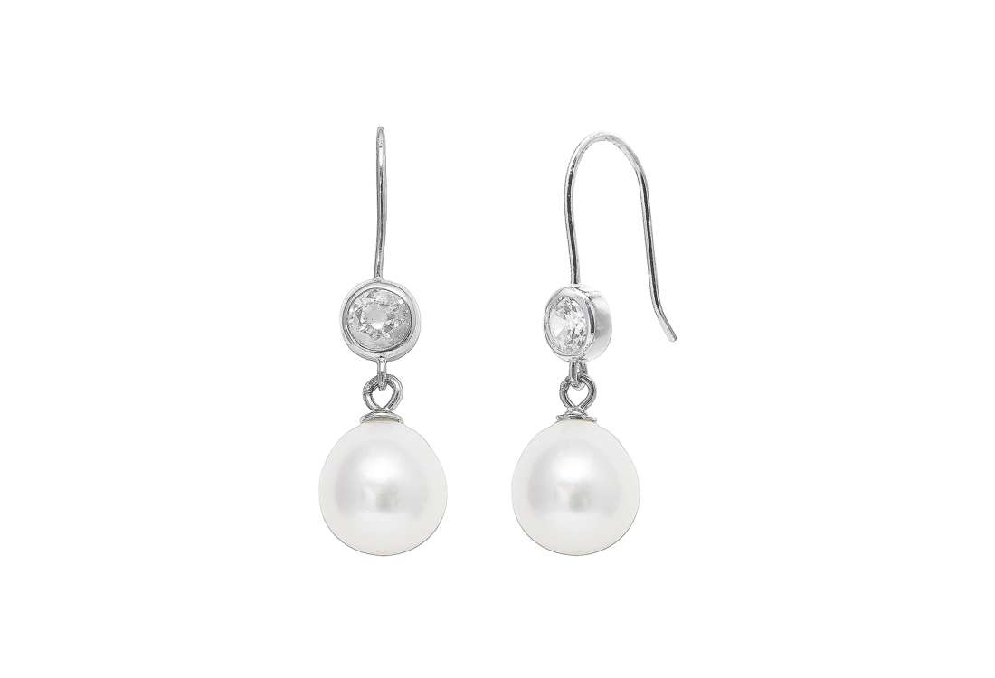 Cultured river pearl, silver & cubic zirconia earring drops