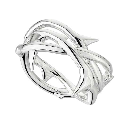 SILVER ROSE THORN BAND RING