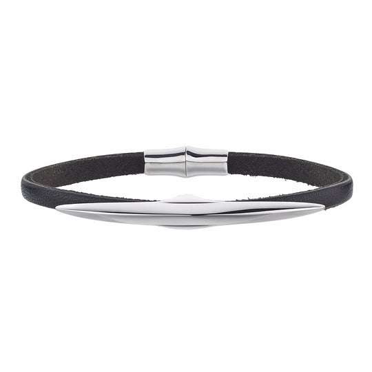 SILVER ARC SINGLE LEATHER WRAP BRACELET