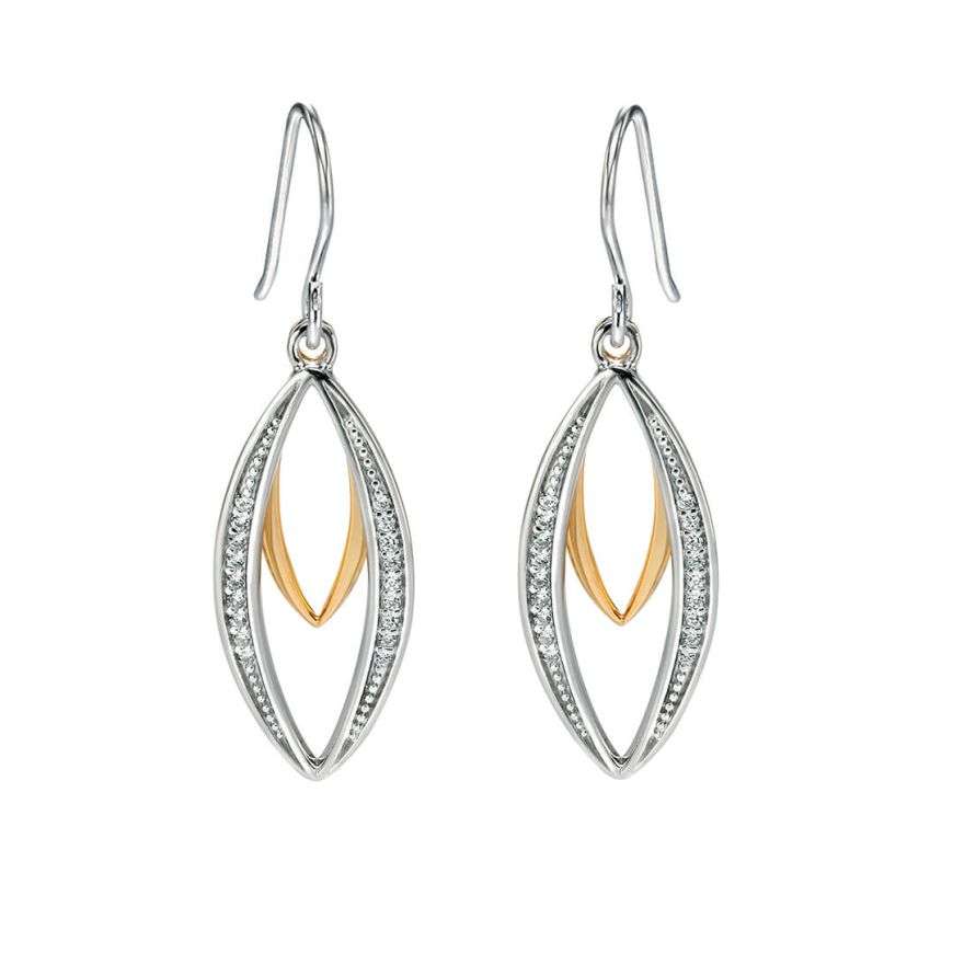 Silver And Gold Double Marquise Dangly Earrings With CZ Pave