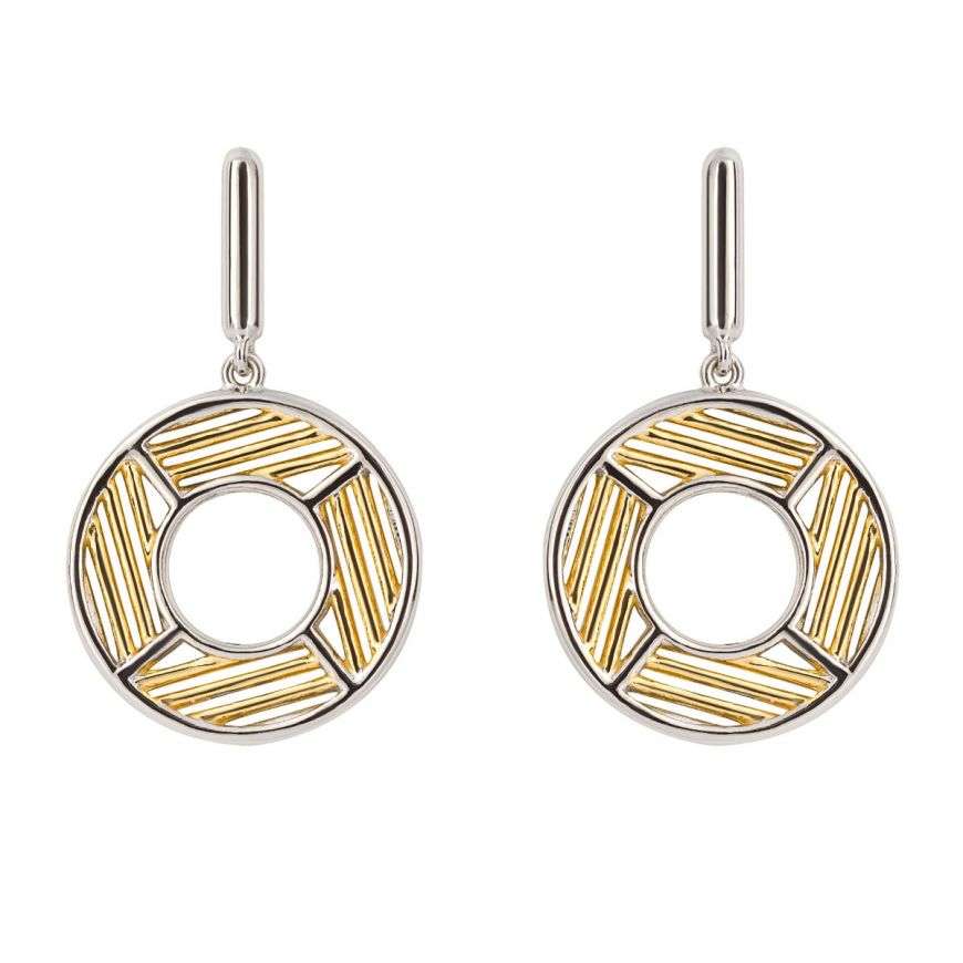 Geo Cage Design Open Circle Drop Earrings with Yellow Gold Plating