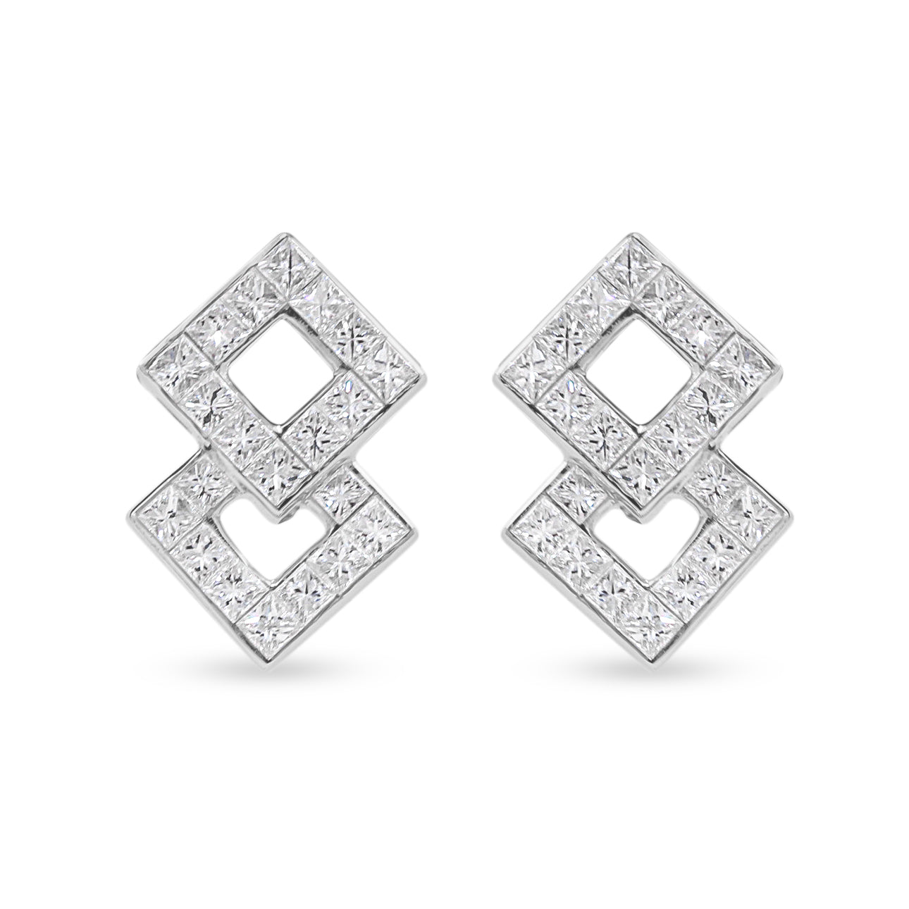18ct White Gold Double Square Drop Diamond Earrings