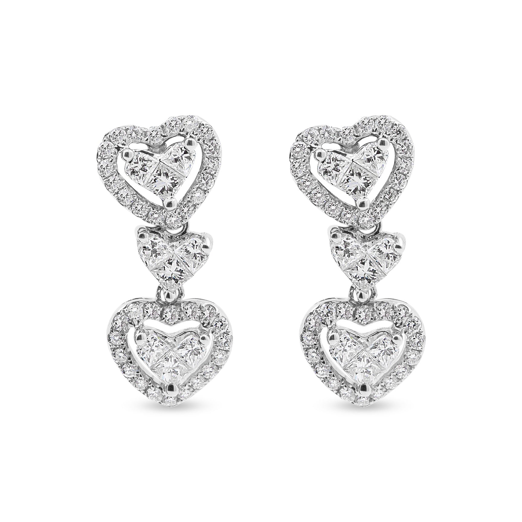 18ct White Triple Heart Shaped Diamond Drop Earrings