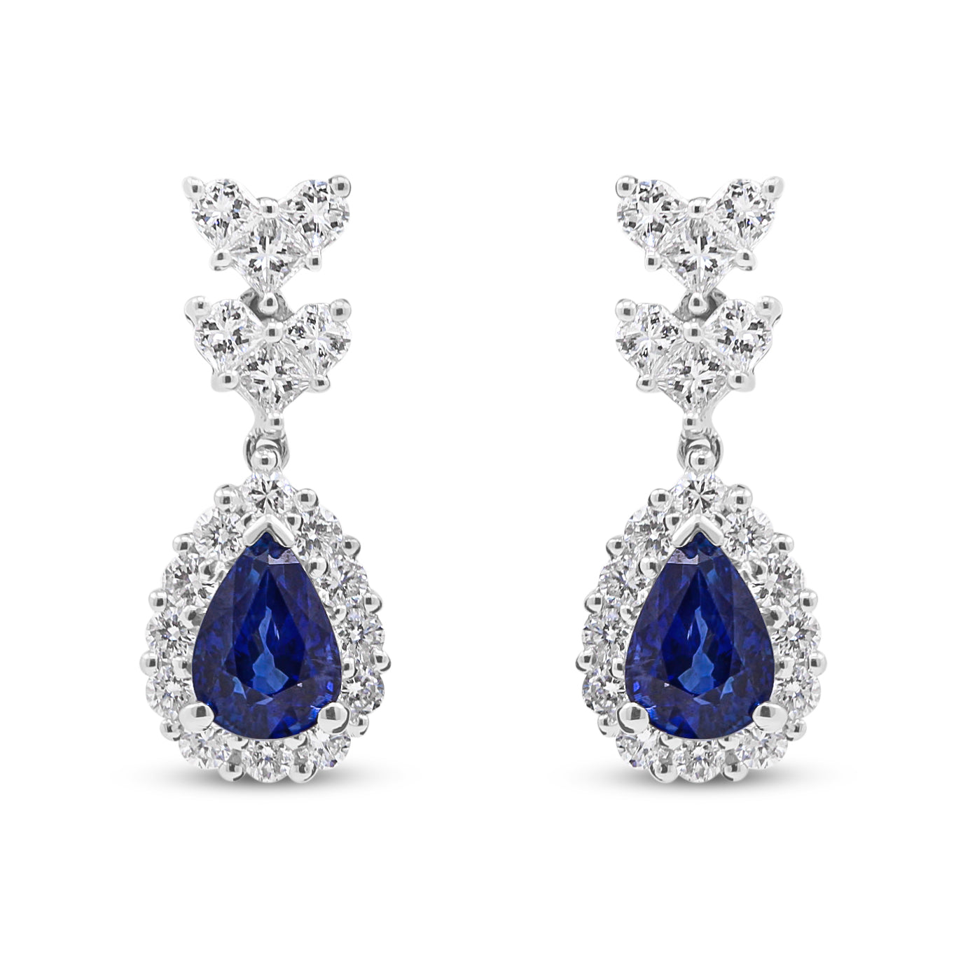 18ct White Gold Heart Shaped Diamond and Sapphire Drop Earrings