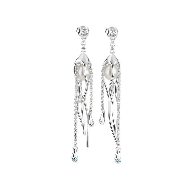 Pearl Drop Hug Earrings with Blue Swarovski Crystals