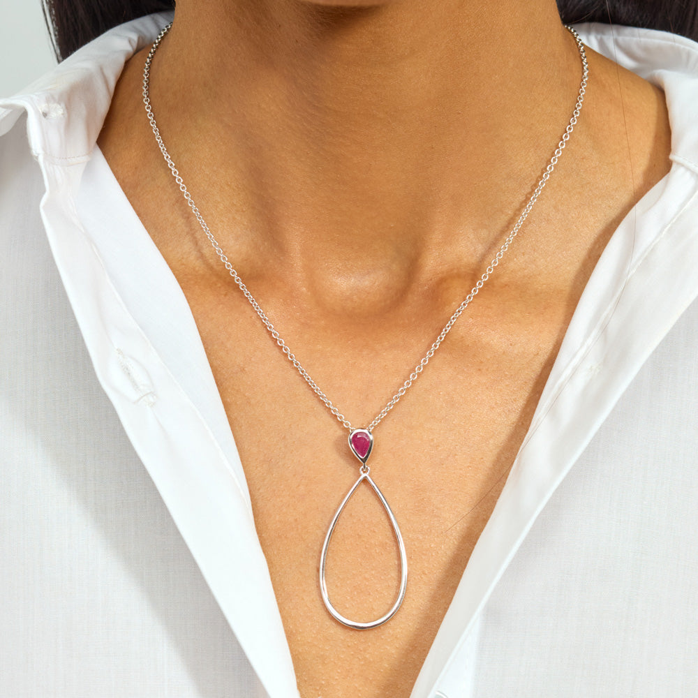 Long Petal Drop Necklace with Pear Cut Ruby