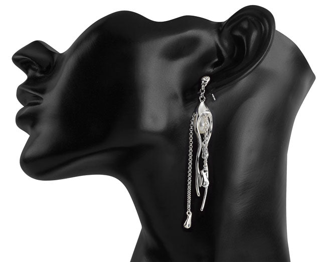 Pearl Drop Earrings with Blue Swarovski Crystals
